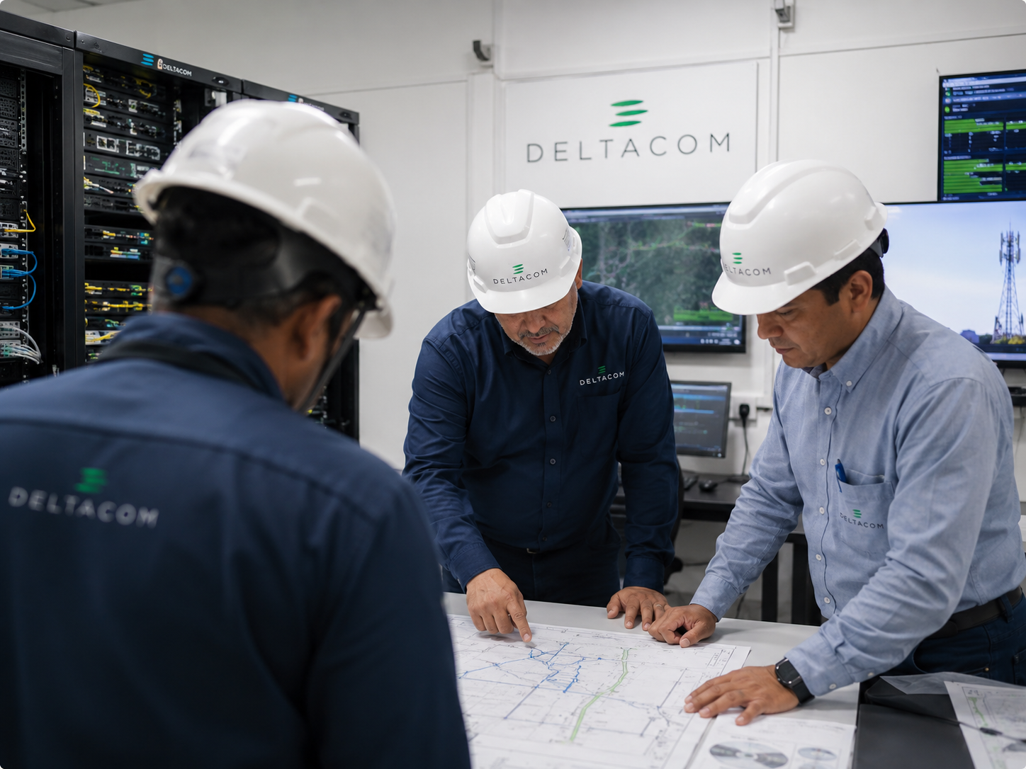 Equipe Deltacom em sala técnica analisando plantas de rede