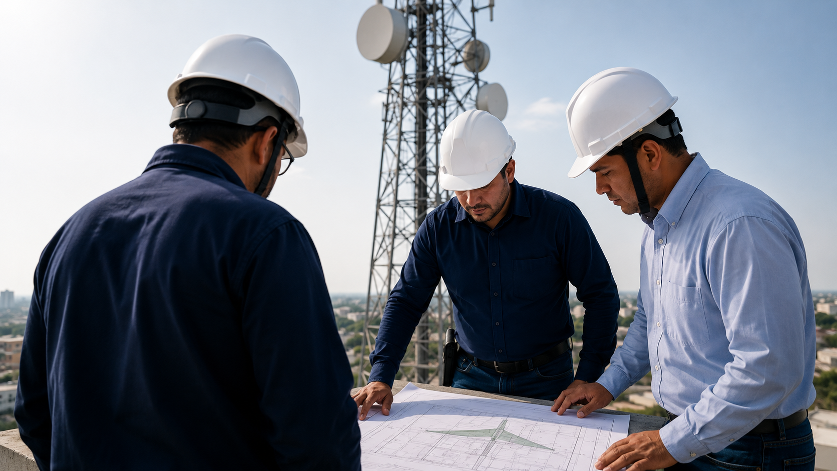Equipe técnica Deltacom analisando projeto em campo com torre de telecomunicação ao fundo